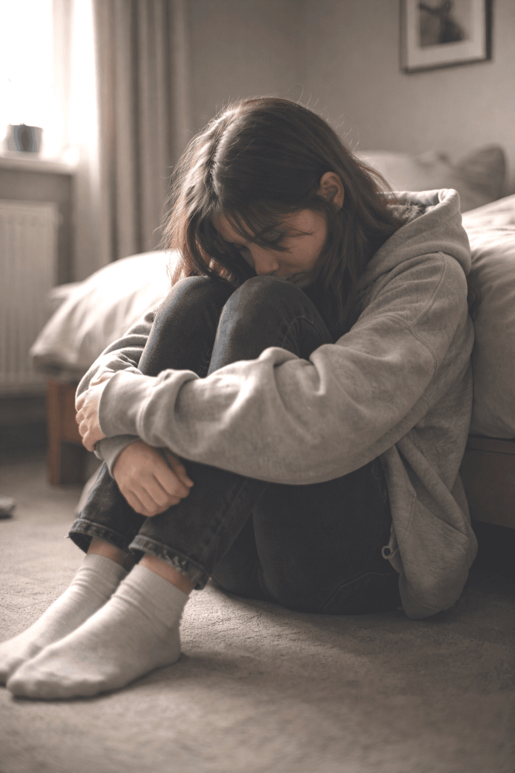 Personne assise recroquevillée, illustrant l'anxiété et la dépression